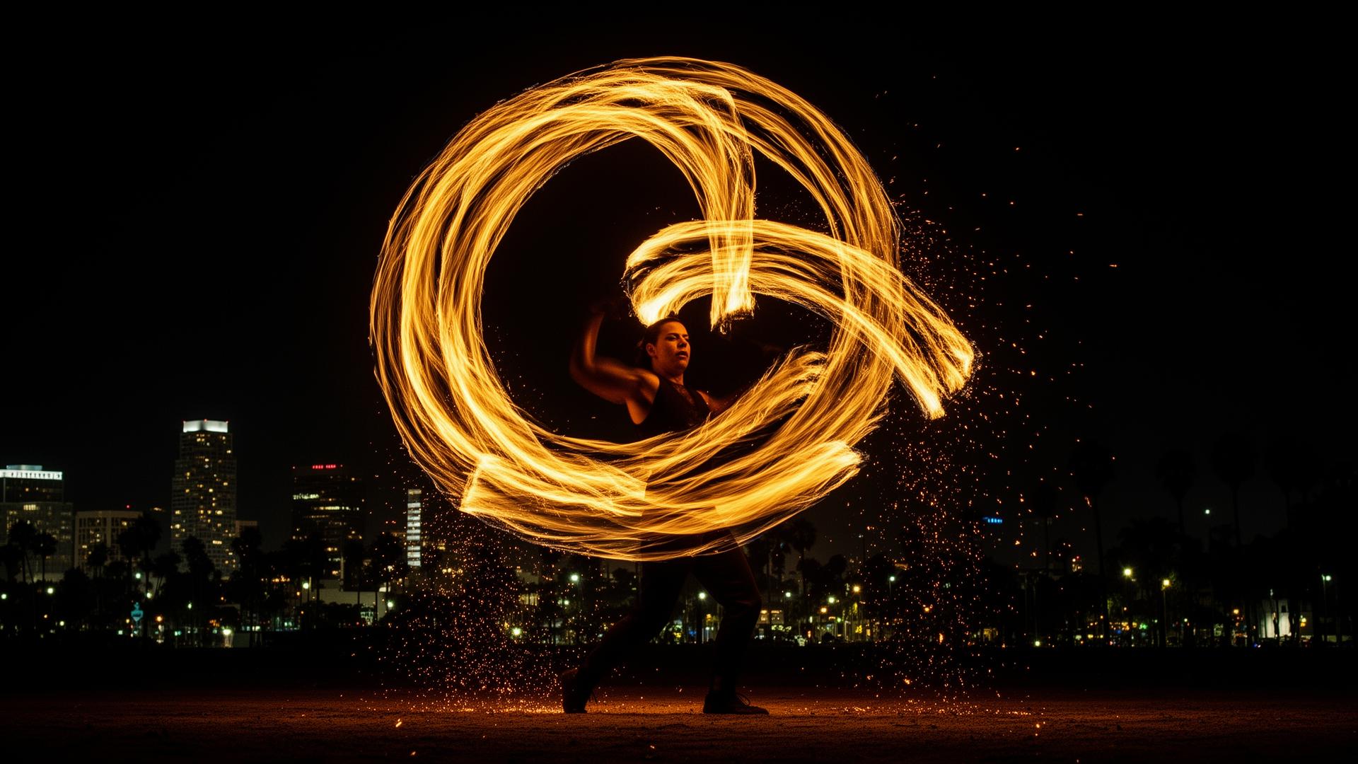 Fire performer with long-exposure flame trails
